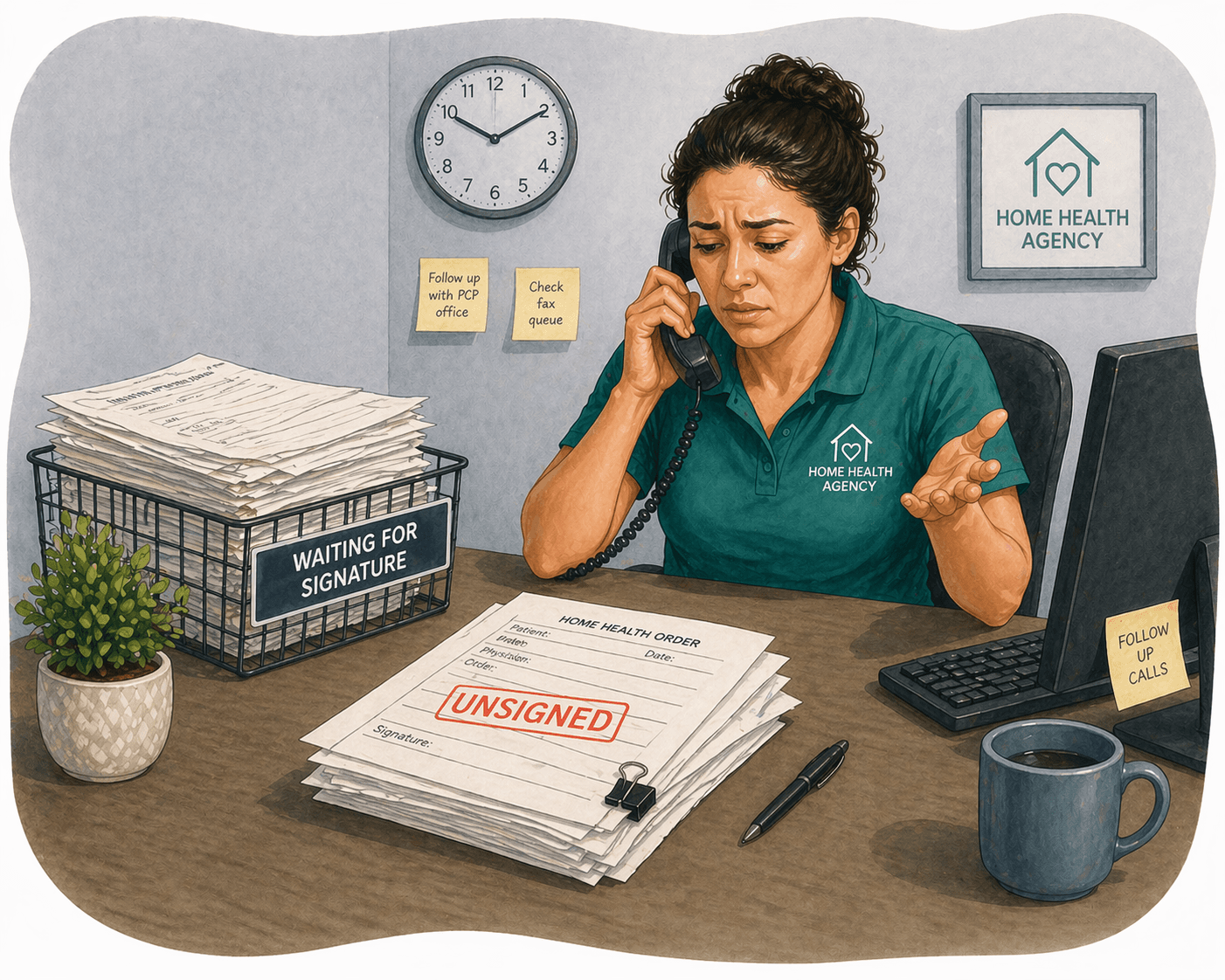 Frustrated home health worker on the phone with a large stack of unsigned medical orders.
