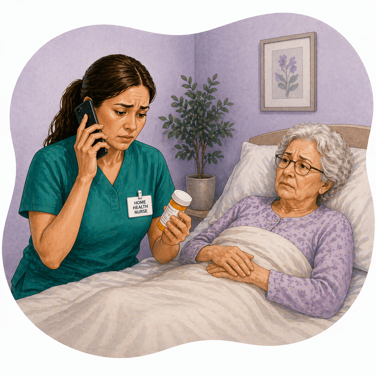 Concerned home health nurse on phone holding medication next to a worried elderly patient.
