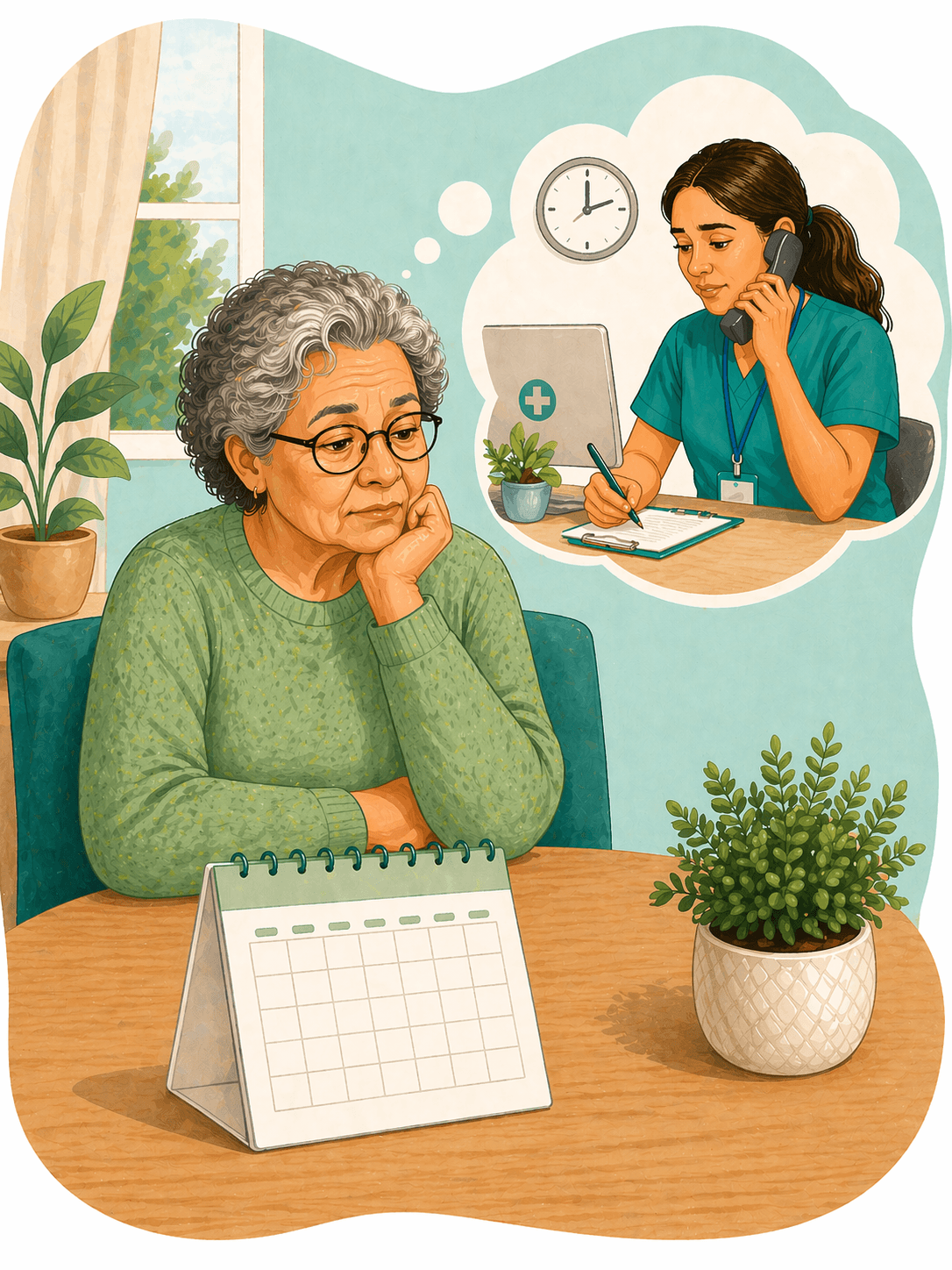 Senior woman looks at a calendar, thinking of a nurse scheduling a medical appointment.